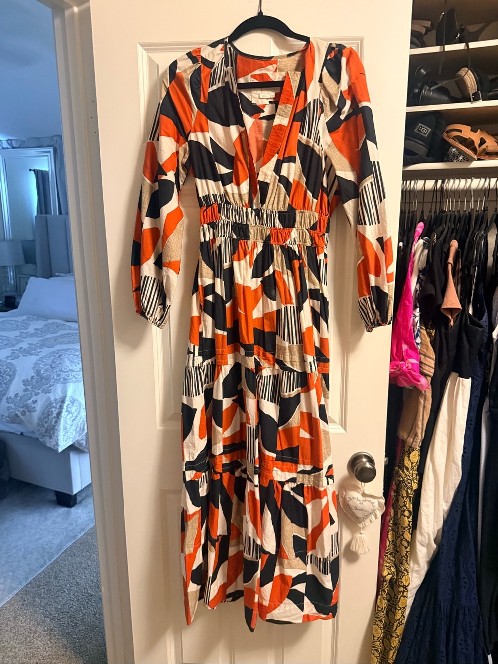 Anthropologie Sumerset Geometric long sleeve Maxi Dress in Orange, Black and Cr - Picture 2 of 4